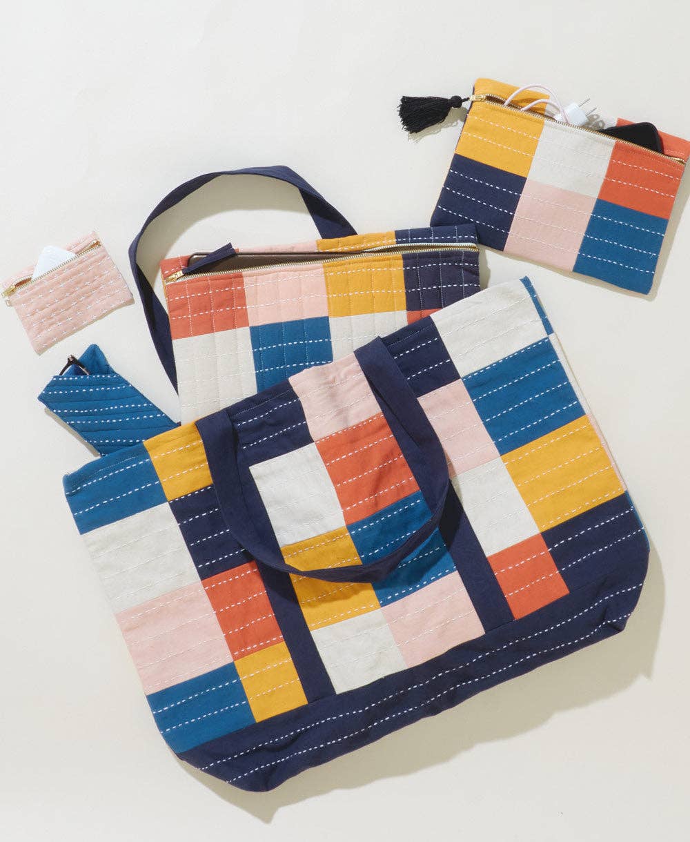 Checkered Canvas Tote Bag - Cobalt