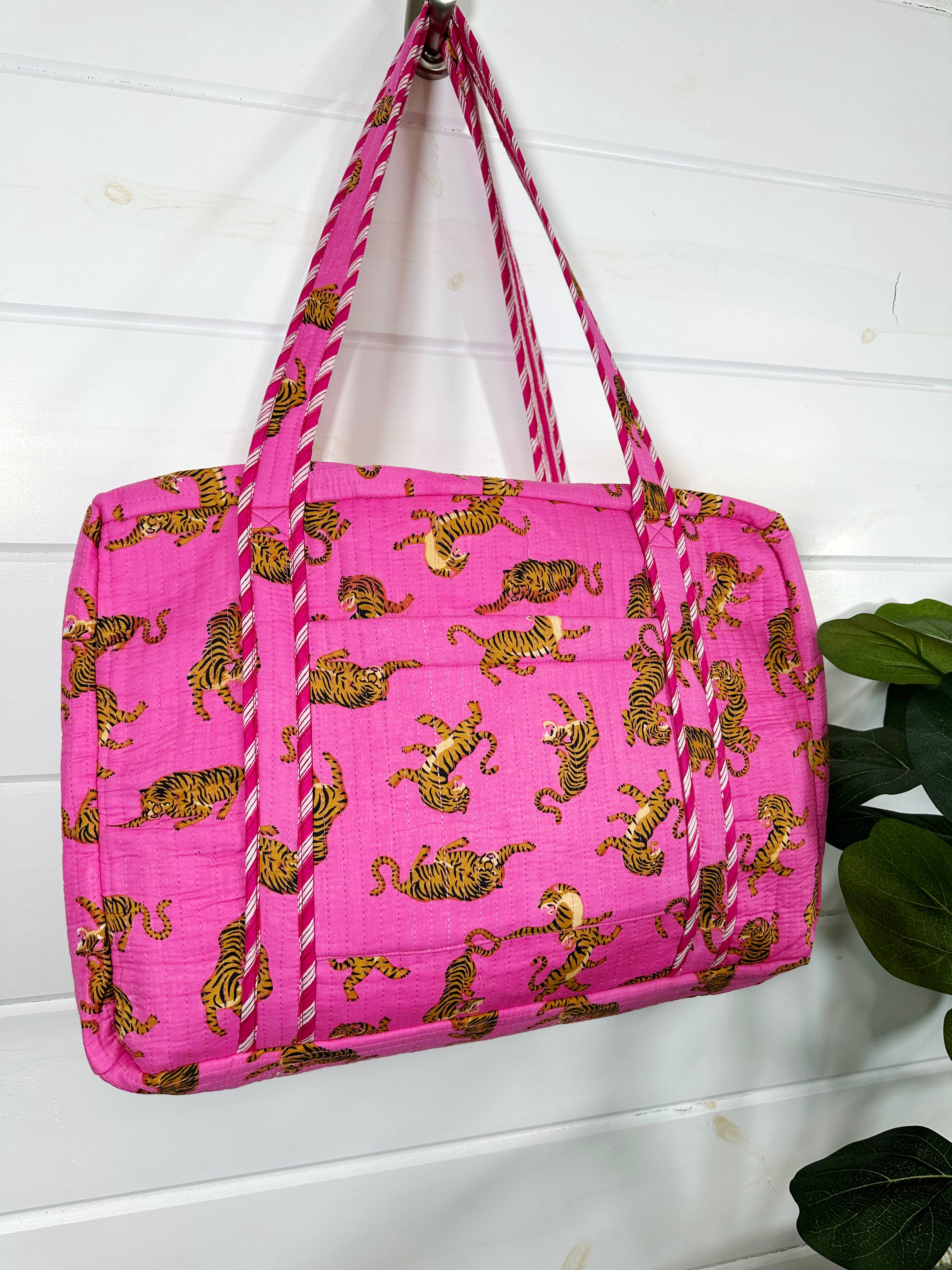 Quilted Weekender Overnight Travel Bag - Pink Tigers