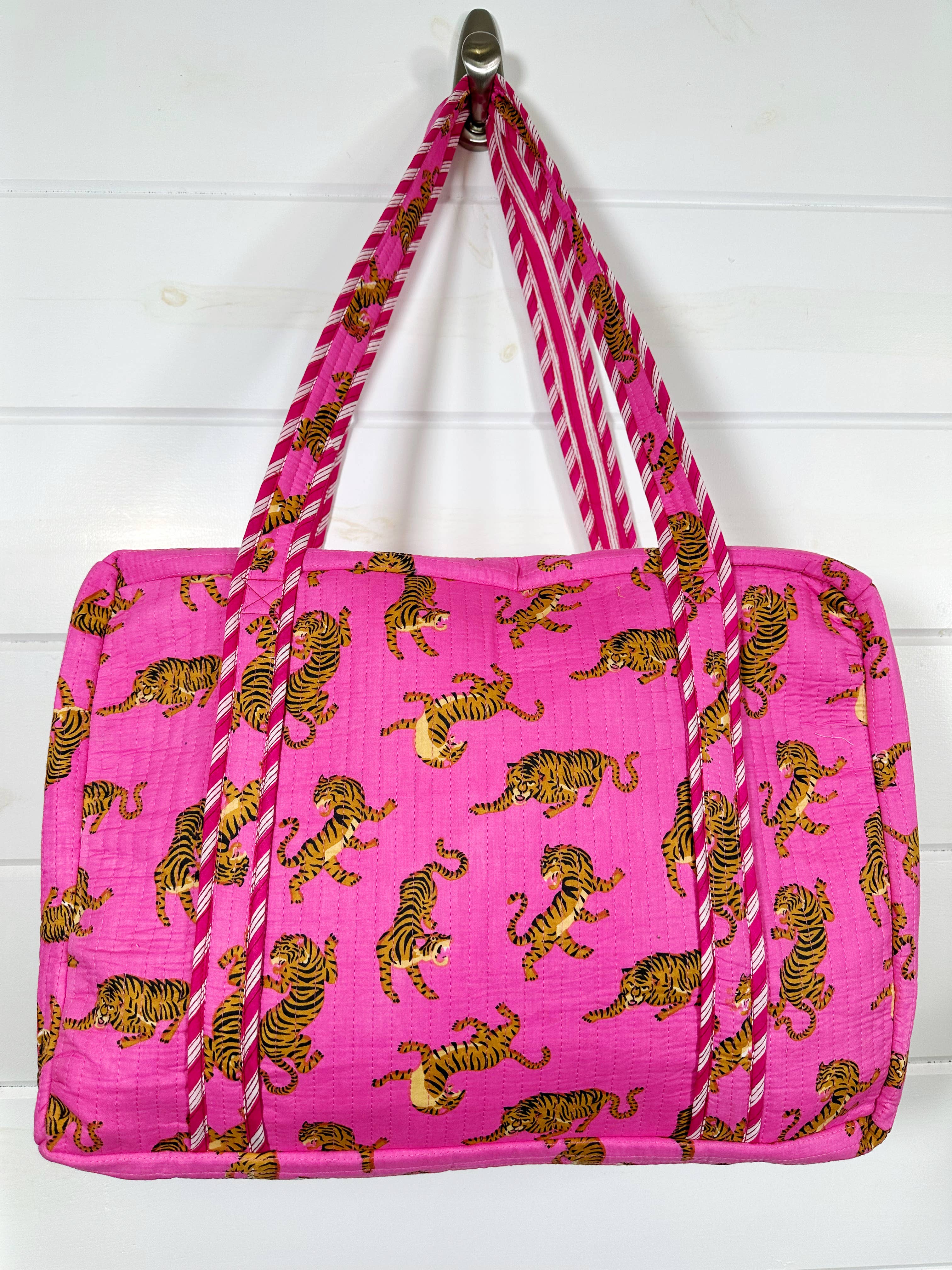 Quilted Weekender Overnight Travel Bag - Pink Tigers