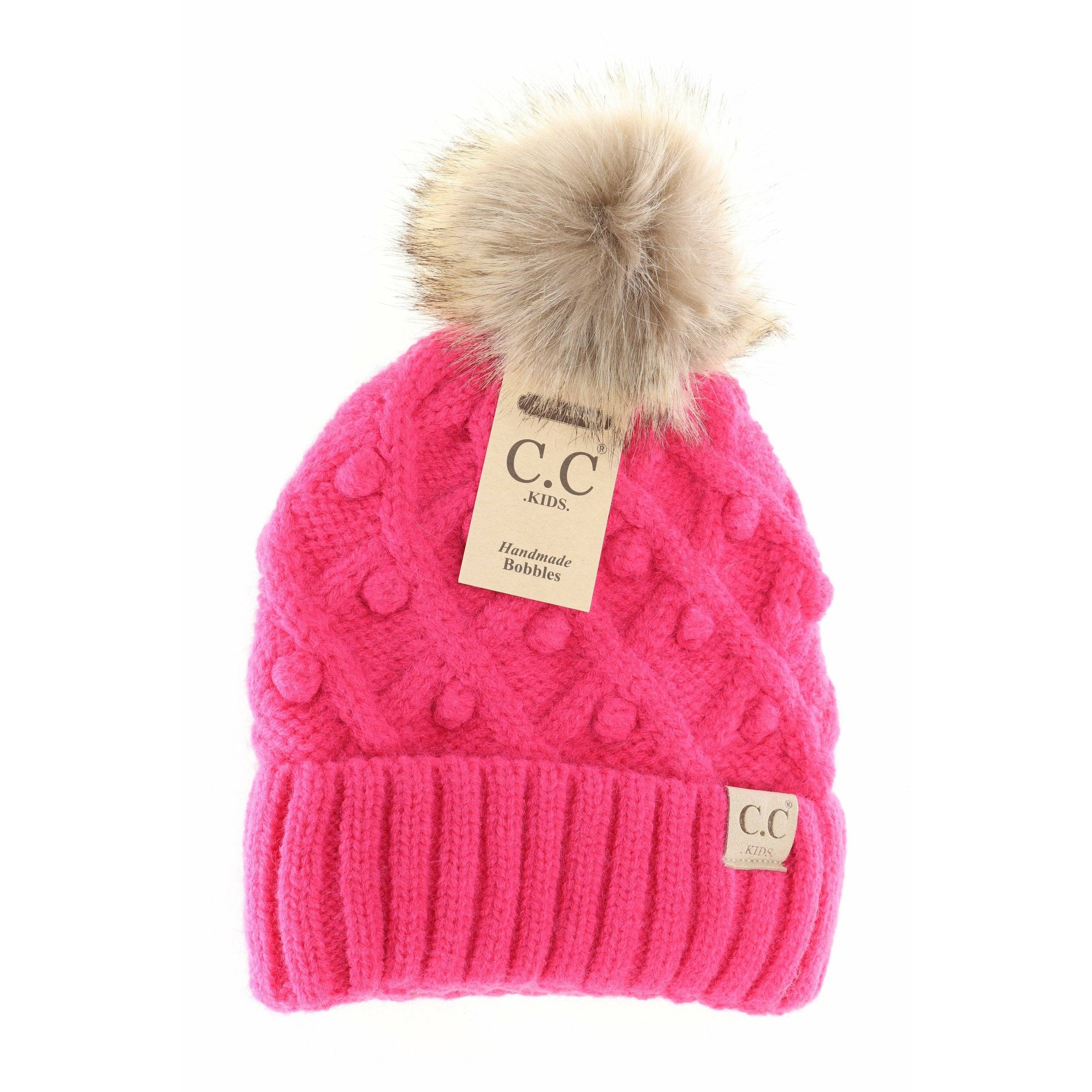 Kids Bobble Knit Hat with Faux Fur Pom