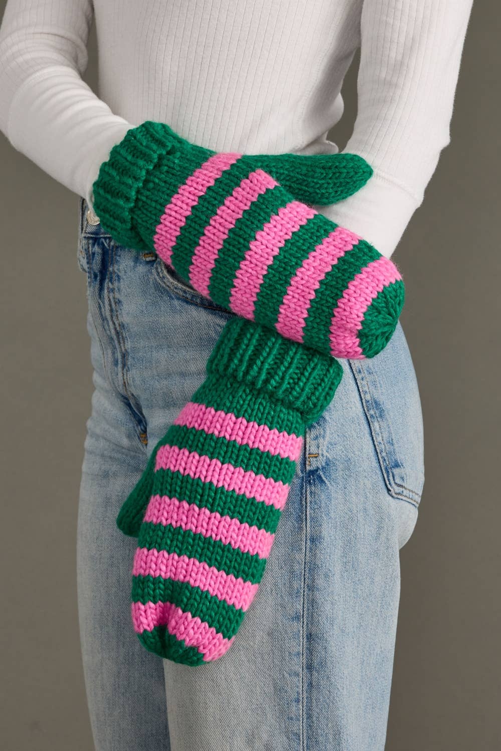 Green & Pink Striped Mittens
