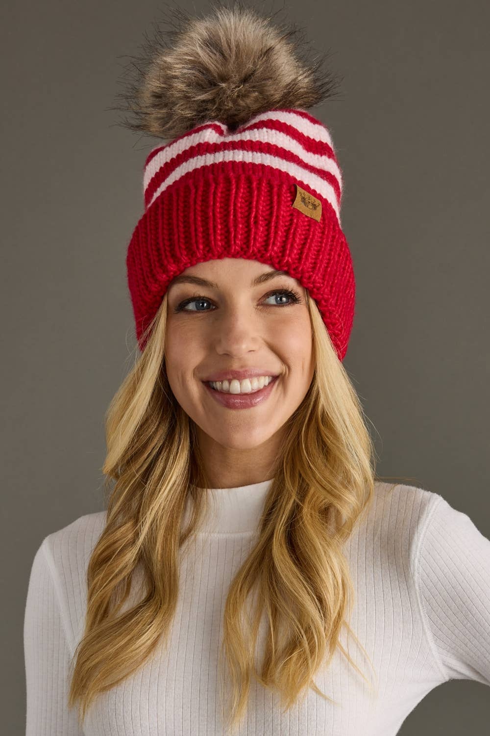 Striped Pom Pom Hat - Pink & Red