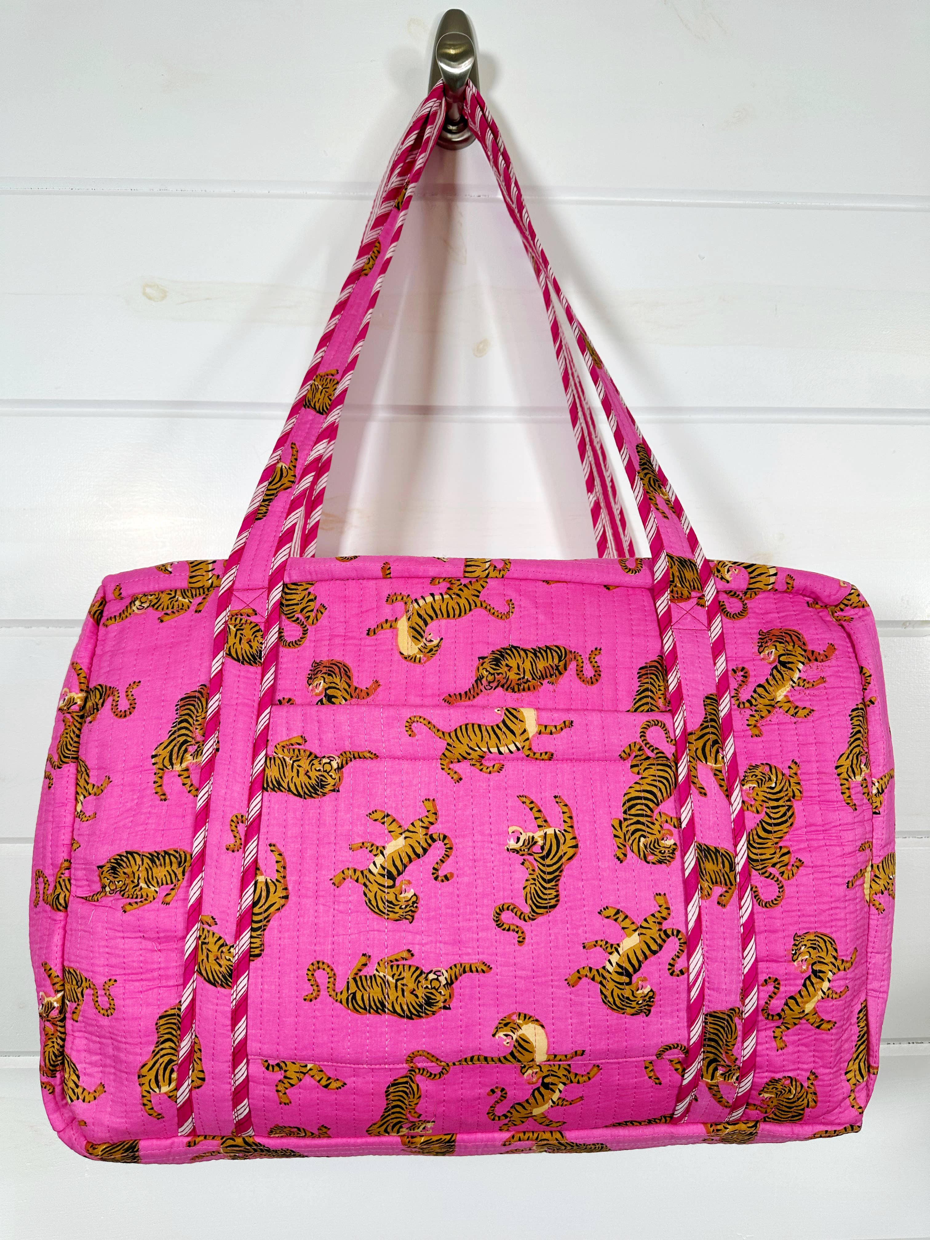Quilted Weekender Overnight Travel Bag - Pink Tigers