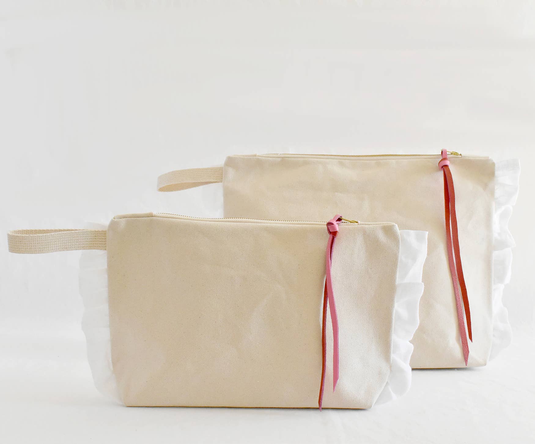 Ruffle Cotton Zipper Pouch- Pink & Red Leather Pull