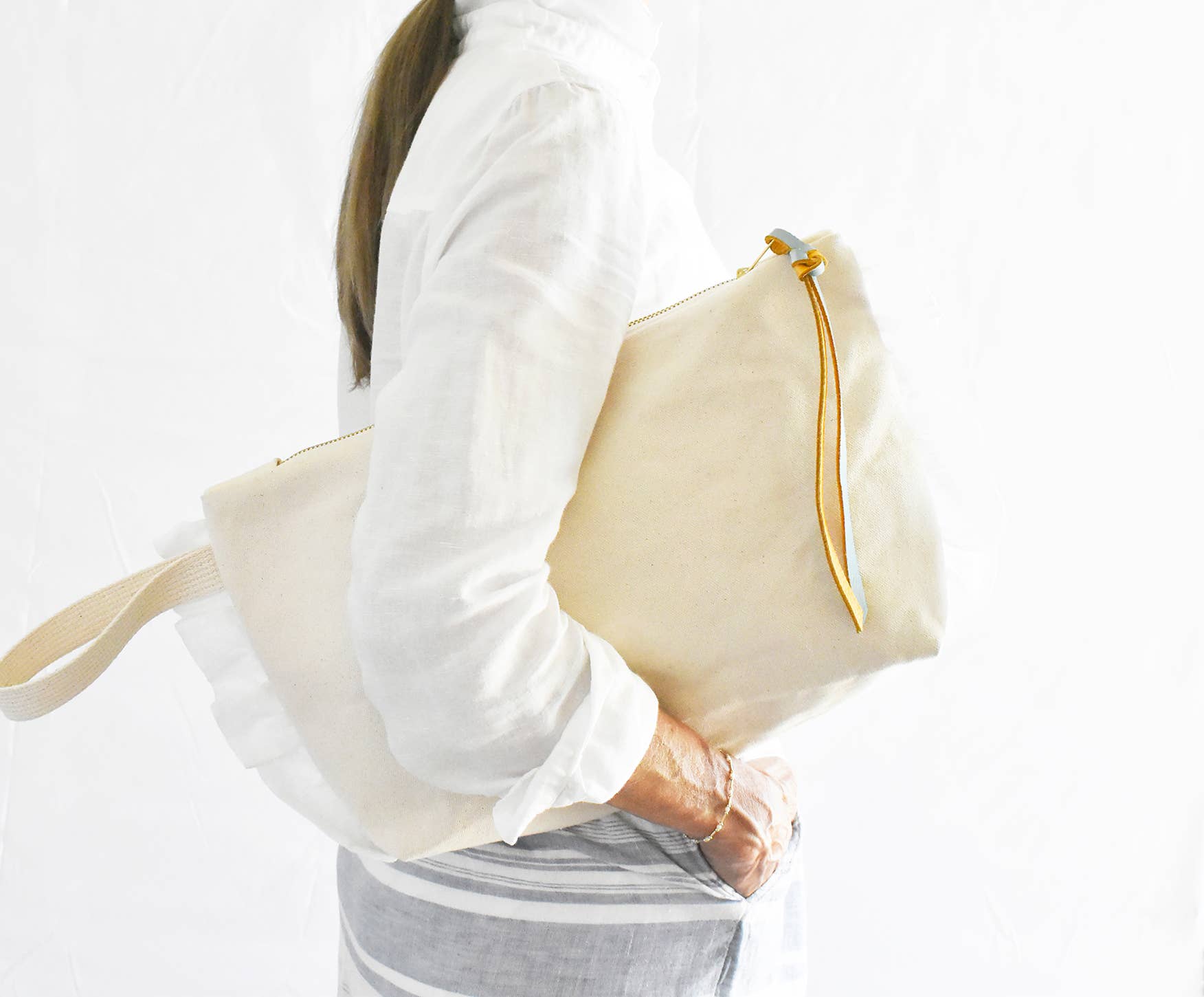 Ruffle Cotton Zipper Pouch- Pink & Red Leather Pull