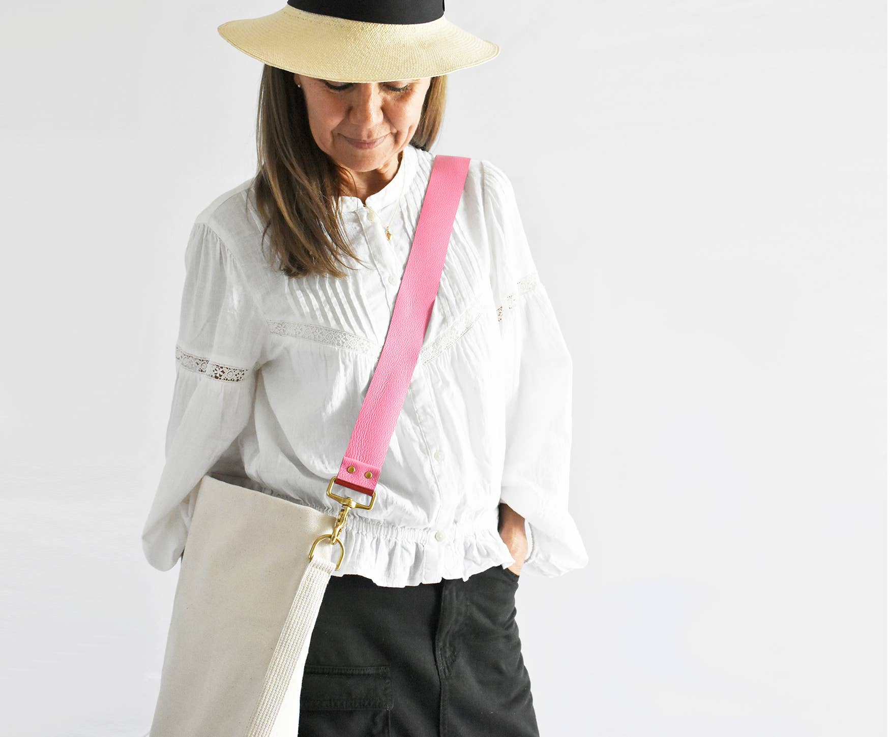 Tote Bag with Leather Strap- Pink & Red