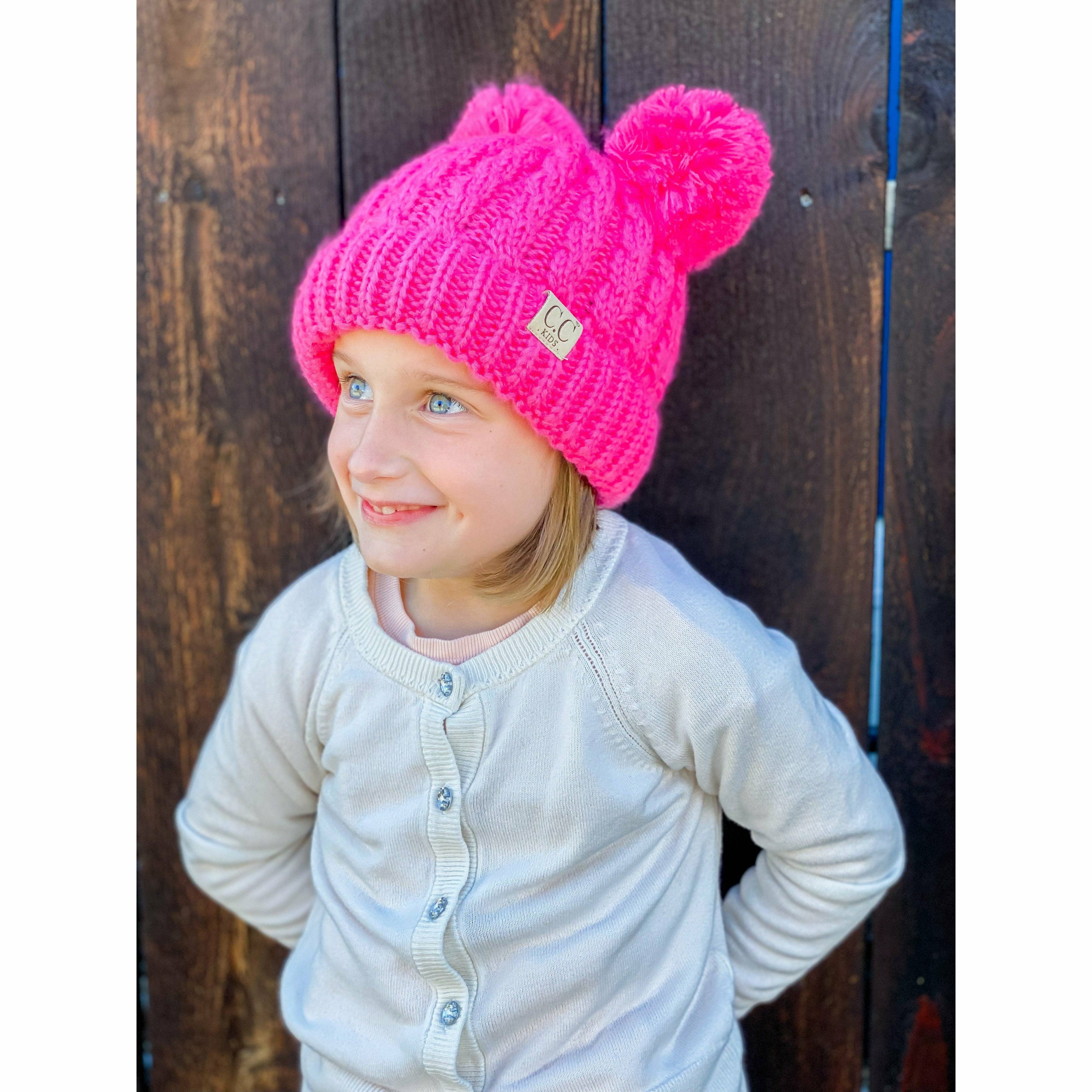 Kids Solid Double Pom Pom Hat