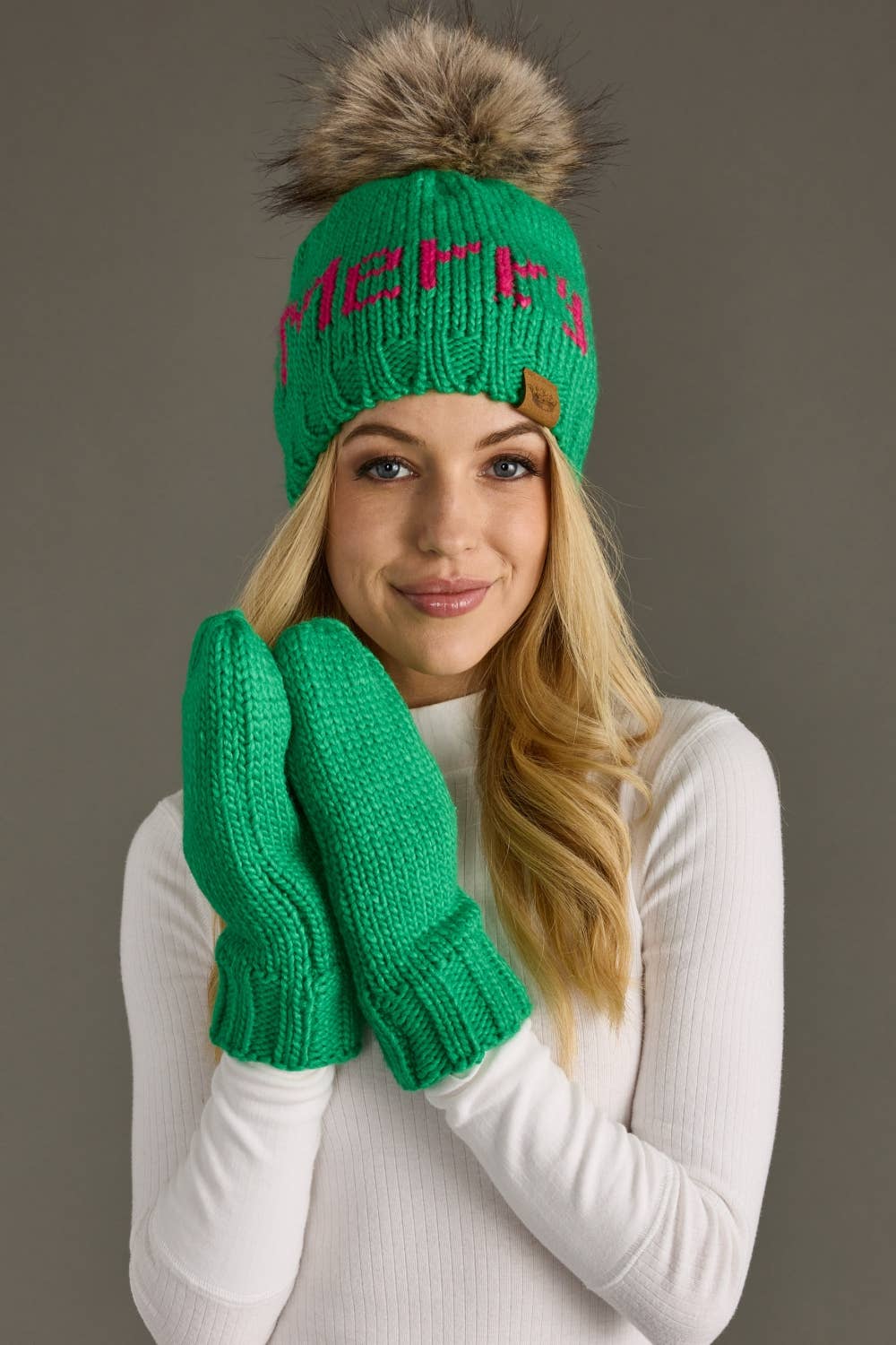 Merry Pom Pom Hat - Bright Green & Pink