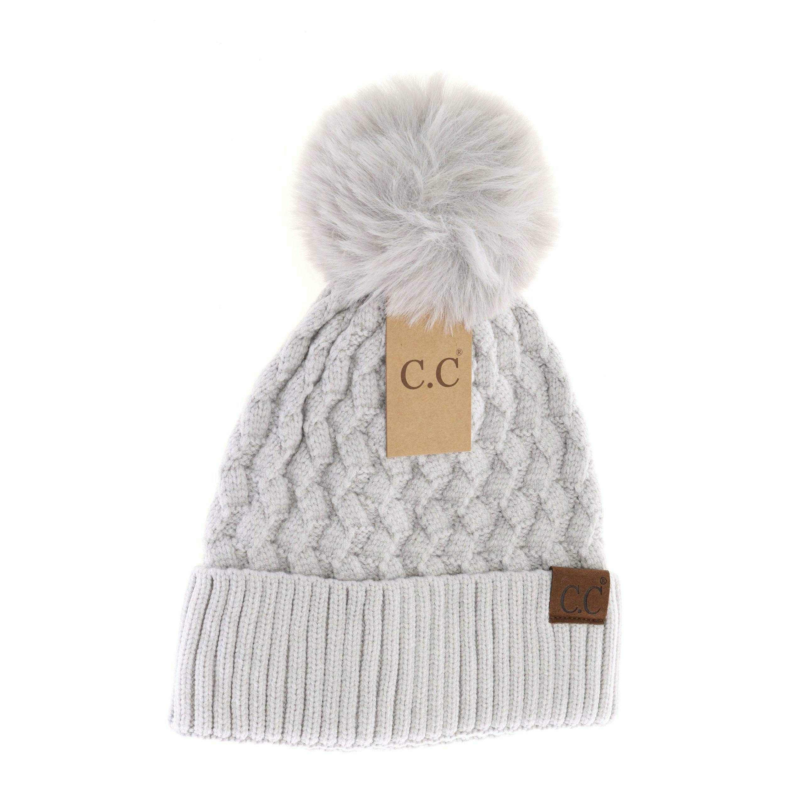 Woven Cable Knit Cuffed with Fur Pom - Light Grey