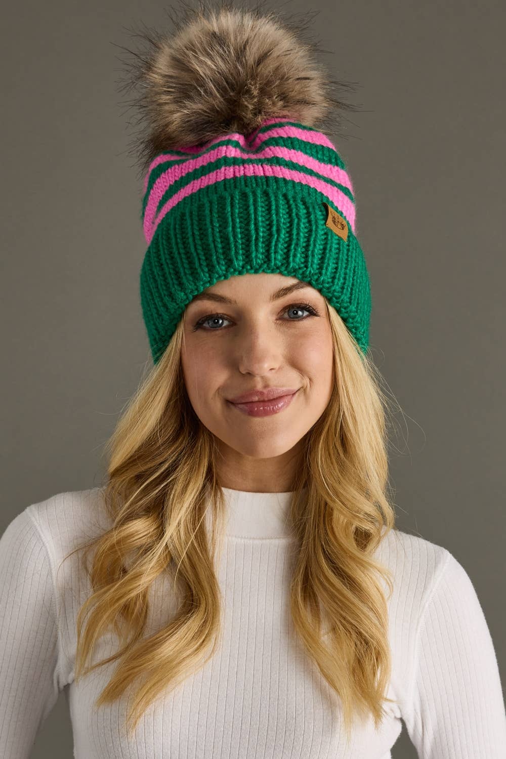 Striped Pom Pom Hat - Pink & Bright Green
