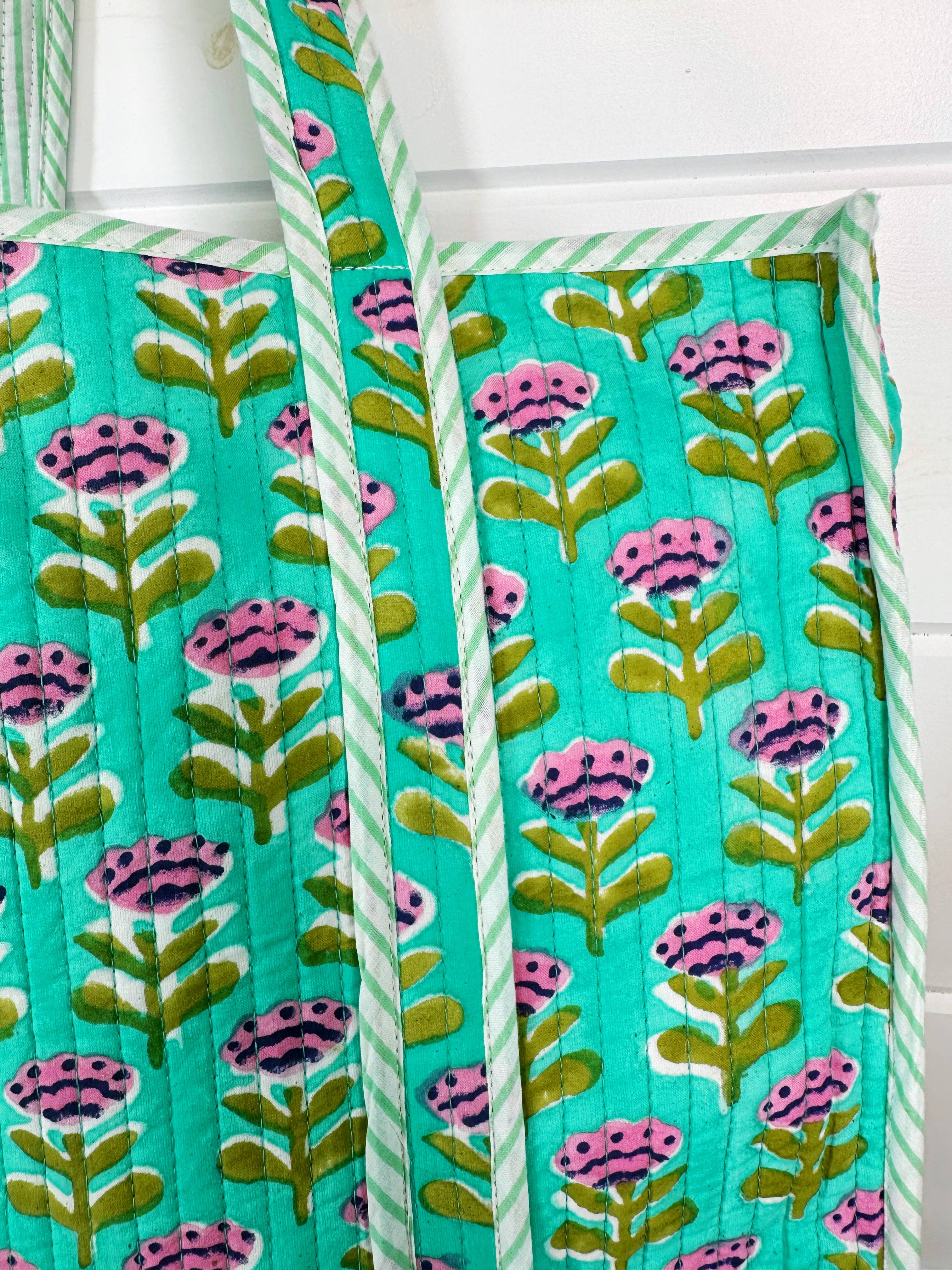 Quilted Aqua Floral Block Print Tote Bag