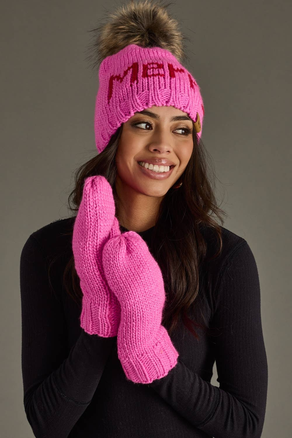 Pink Fleece Lined Knit Mittens