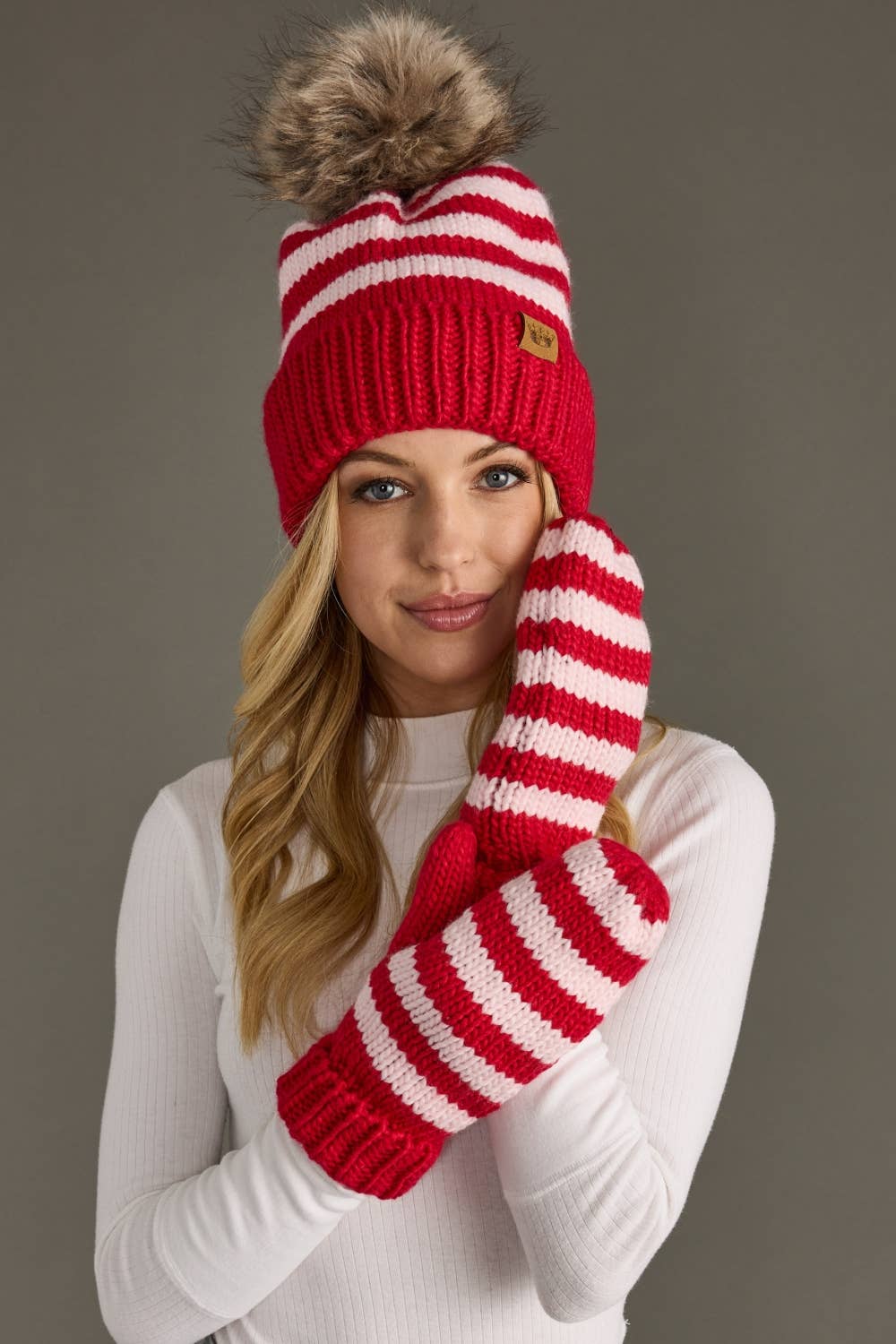 Striped Fleece Lined Knit Mittens - Pink & Red