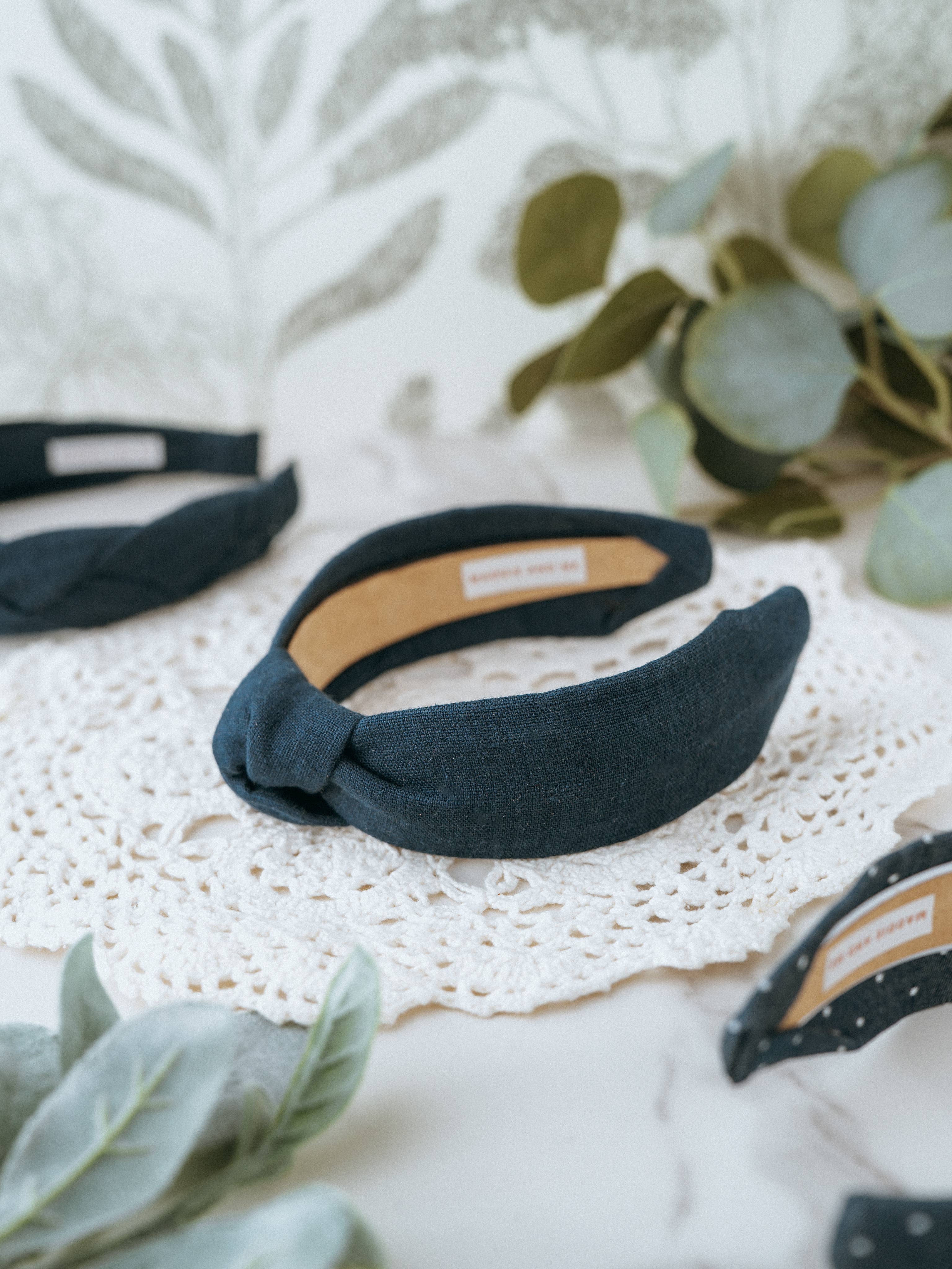 Navy Blue European Linen Top Knot Headband for Women & Girls