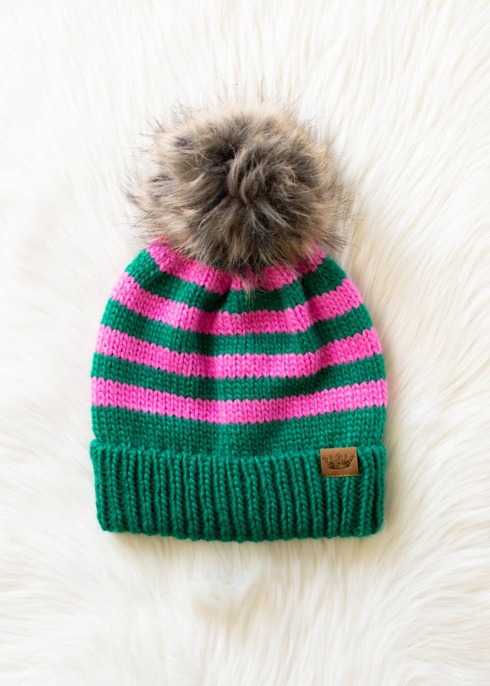 Striped Pom Pom Hat - Pink & Bright Green