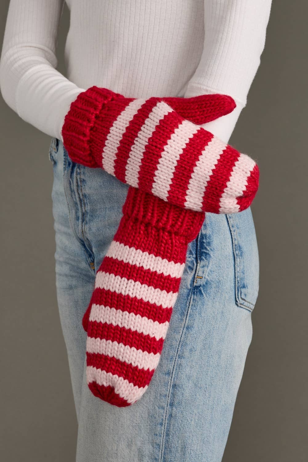 Striped Fleece Lined Knit Mittens - Pink & Red