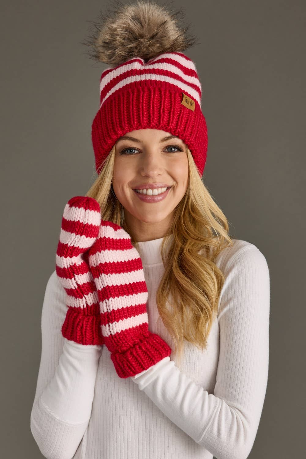 Striped Fleece Lined Knit Mittens - Pink & Red