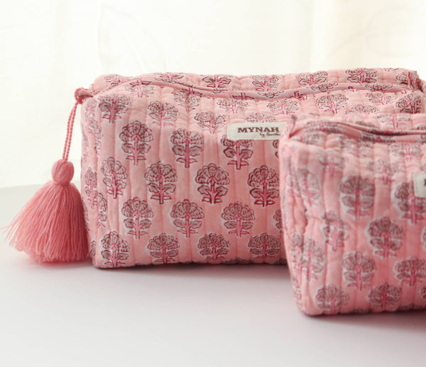 Blush Pink Floral Block Print Travel Cosmetic Bag