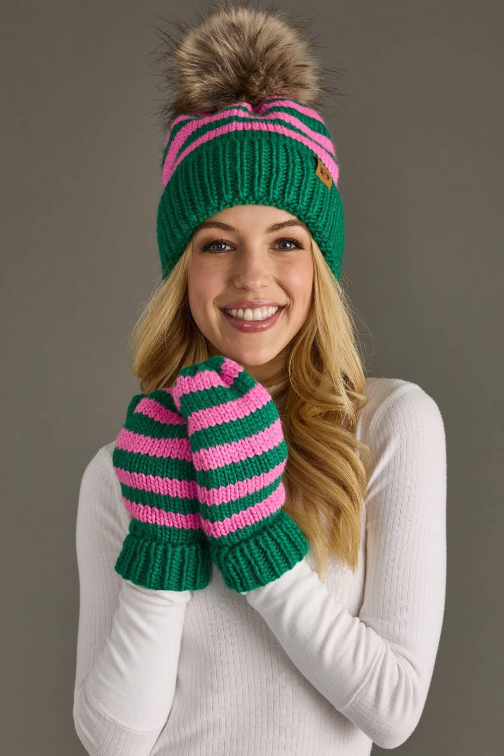 Green & Pink Striped Mittens