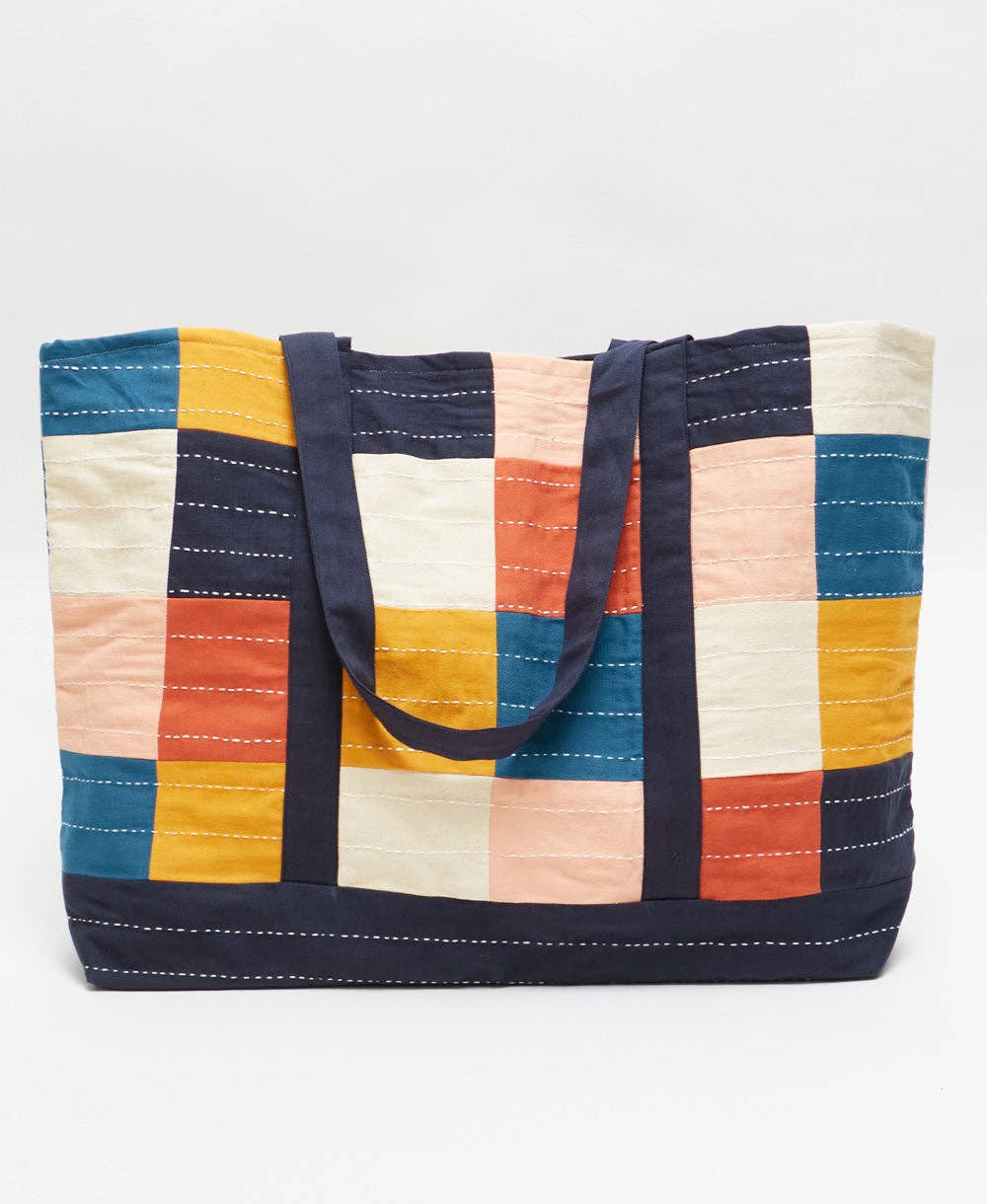 Checkered Canvas Tote Bag - Cobalt