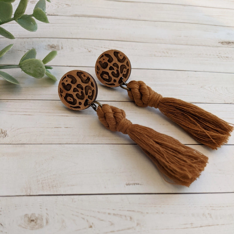 Cheeta Wood Post Camel Tassel Earrings